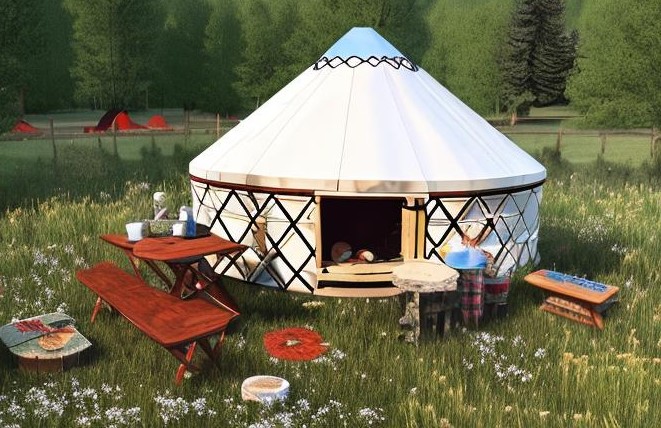 This image features a yurt campsite.